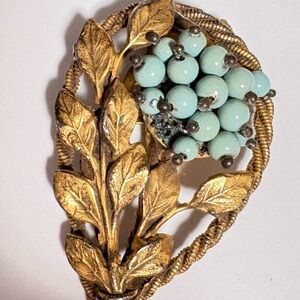 Vintage brass sash pin belt buckle Turquoise Leaf Brooch